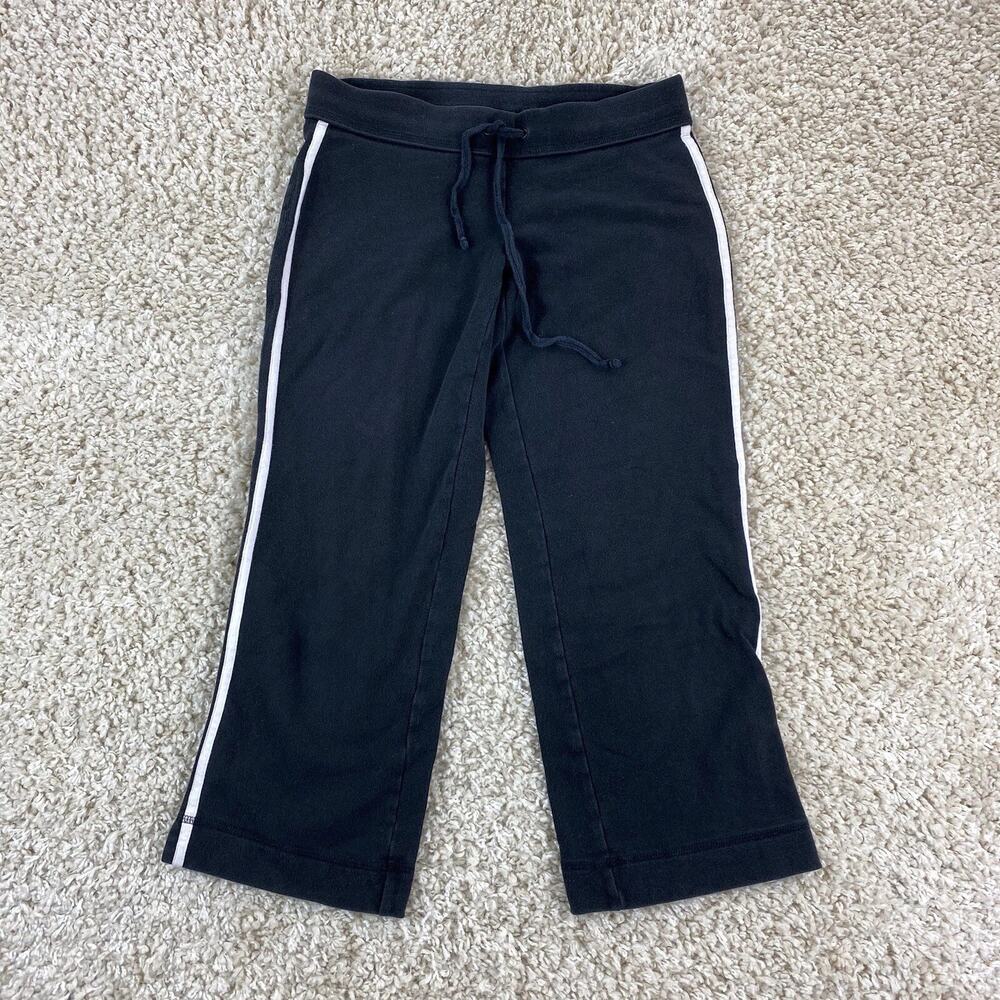 Vintage Express women's XS cropped capri black sweat pants white side stripe